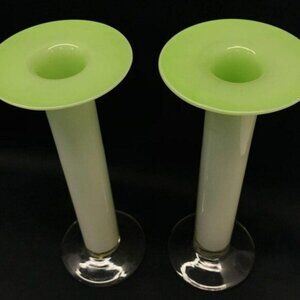 Vintage Gorgeous Designs White Green Glass Candle Holders 10" Tall Set of 2